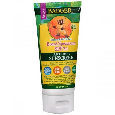 Badger Active Anti-Bug Sunscreen Broad Spectrum SPF 34 Citronella & Cedar - 2.9 OZ
