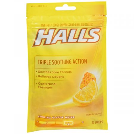 Halls Menthol Cough Suppressant/Oral Anesthetic Drops Honey Lemon - 30 EA