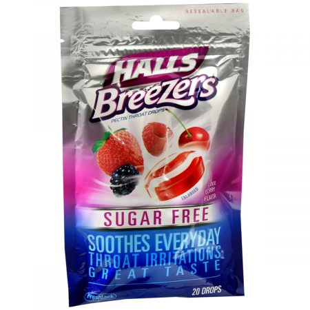 Halls Breezers Pectin Throat Drops Sugar Free Cool Berry Flavor - 20 EA