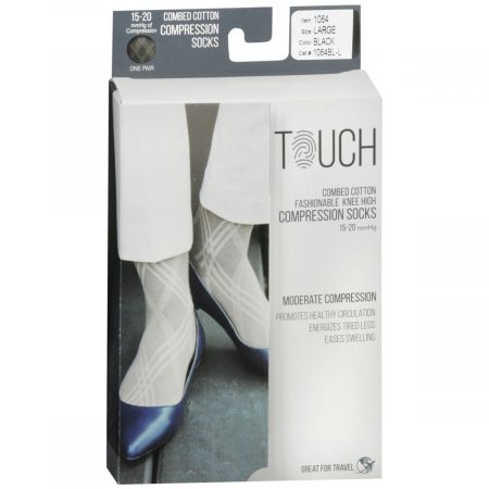 Touch Combed Cotton Fashionable Knee High Compression Socks 15-20 mmHg Large Black Item # 1064 - 1 PR